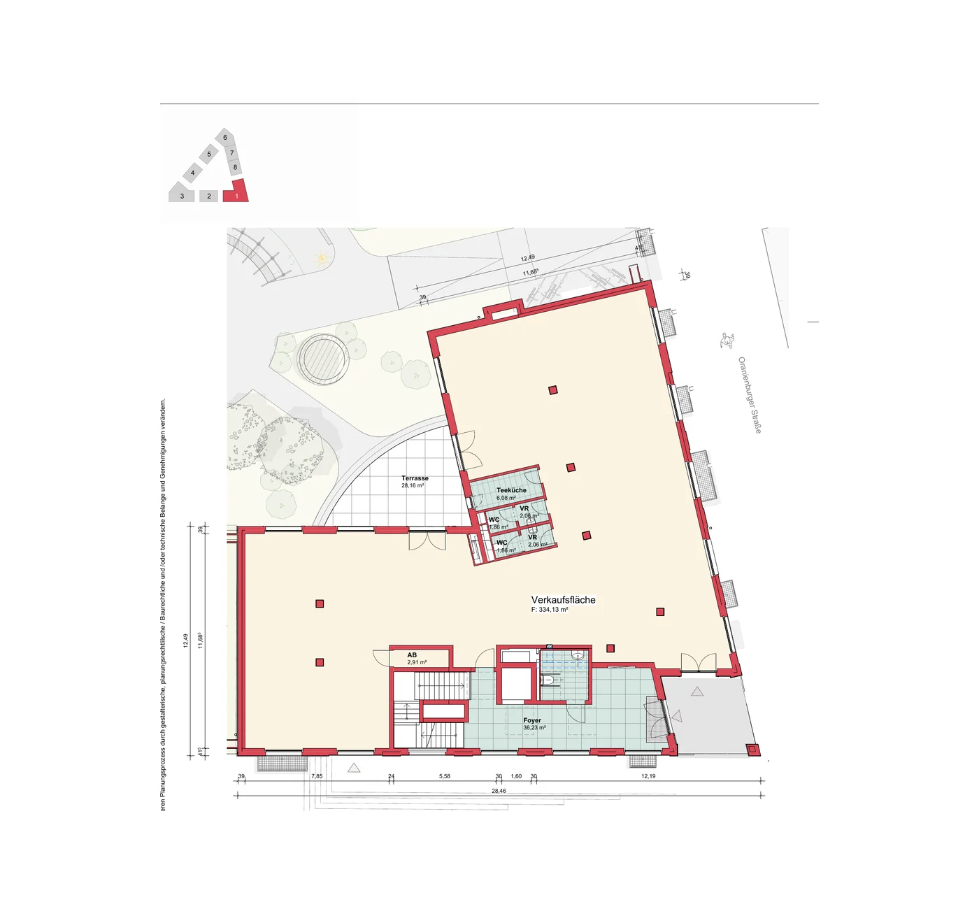 Grundriss Erdgeschoss am Wildbergplatz mit Verkaufsfläche, Foyer und Terrasse
