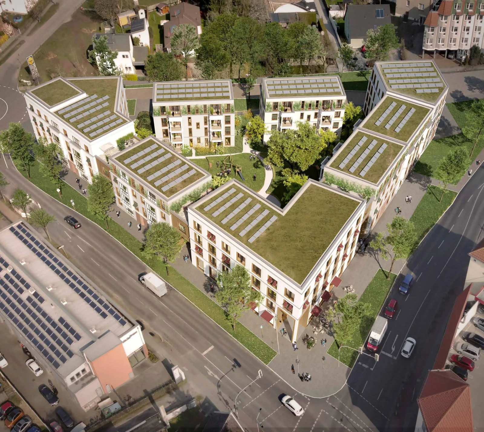 Vogelperspektive des neuen Stadtquartiers am Wildbergplatz mit dem zentralen Geschäftshaus