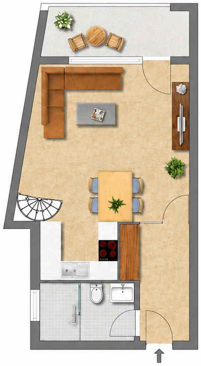 Grundrissillustration des Hochparterres mit Loggia und interner Treppe