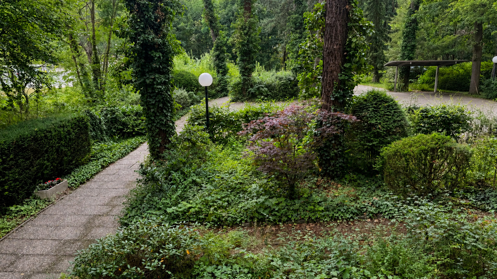 KI-bearbeiteter Blick in die gemeinschaftliche Gartenanlage mit Bäumen und Fußweg
